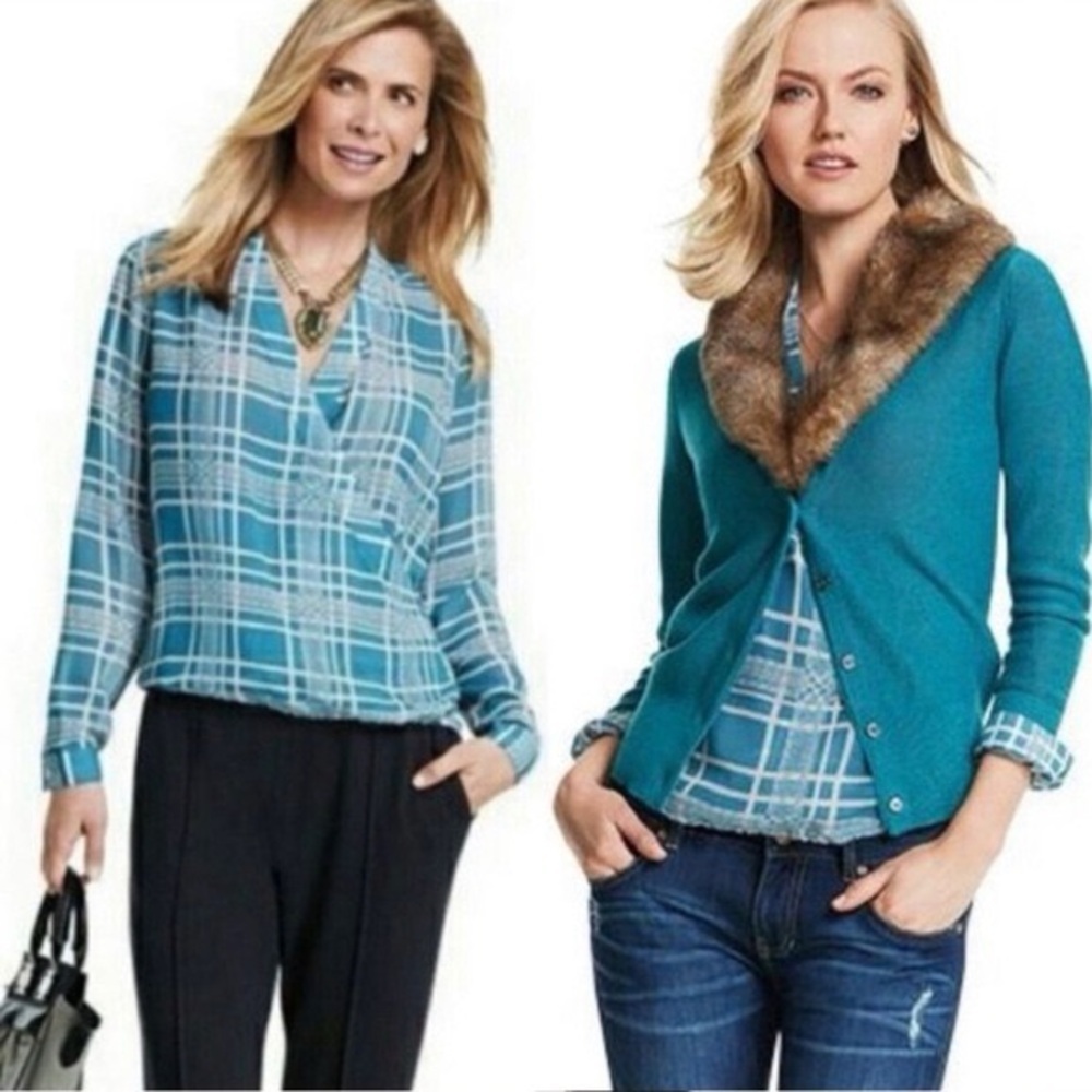 CAbi Teal Plaid V-Neck Blouse